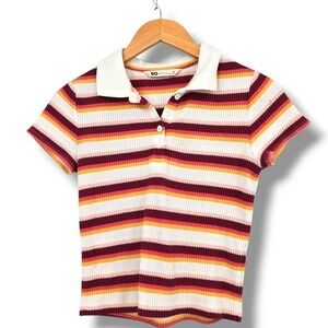 SO‎ Striped Polo Shirt Short Sleeve Collared Top Waffle Knit Casual Medium